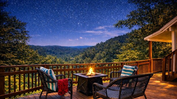 Une terrasse dotée de deux fauteuils en osier, d’une petite table avec un foyer, et offrant une vue sur un paysage boisé sous un ciel étoilé.