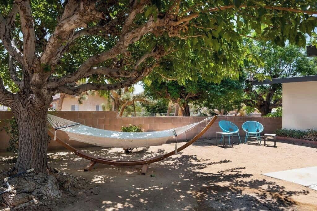 A hammock under a tree, a blue chair, and a patio area with a building in the background.