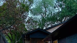A pathway leading to a house with a dark exterior, a brick facade, and a door illuminated from the inside. - El Gato Bandito (Denton)