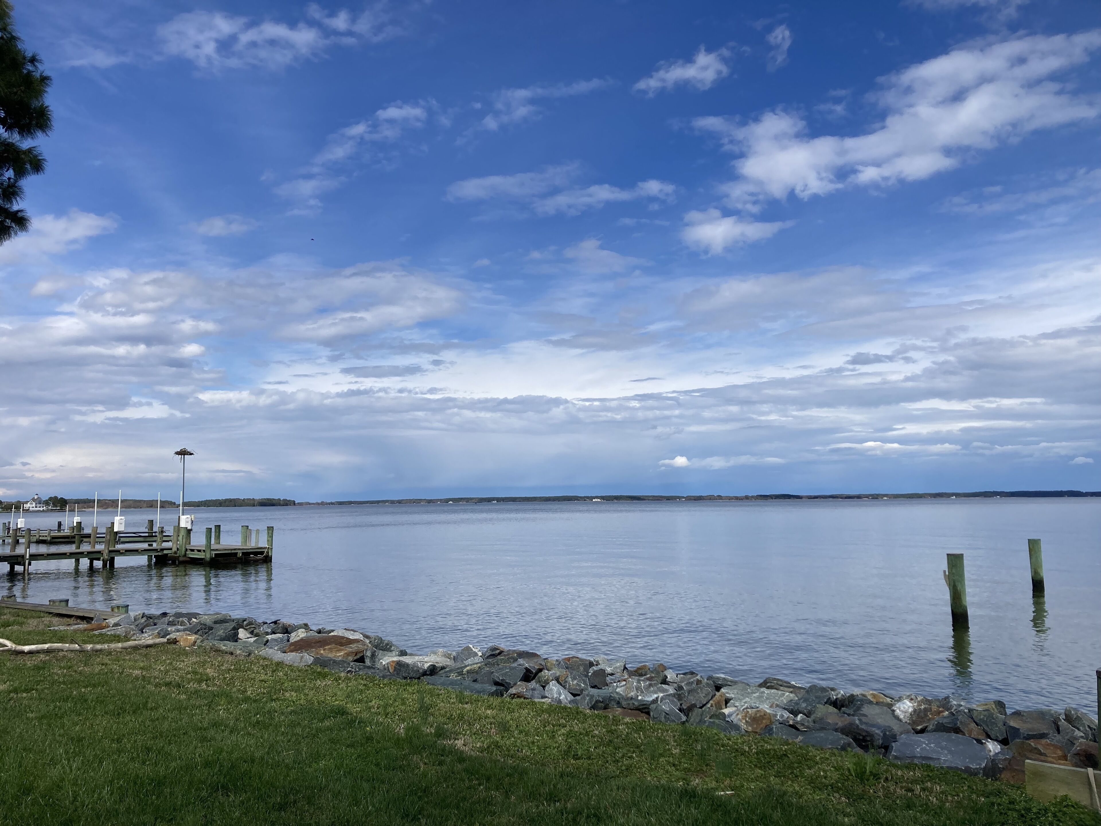 A calm lake with a dock and a grassy area in the foreground.