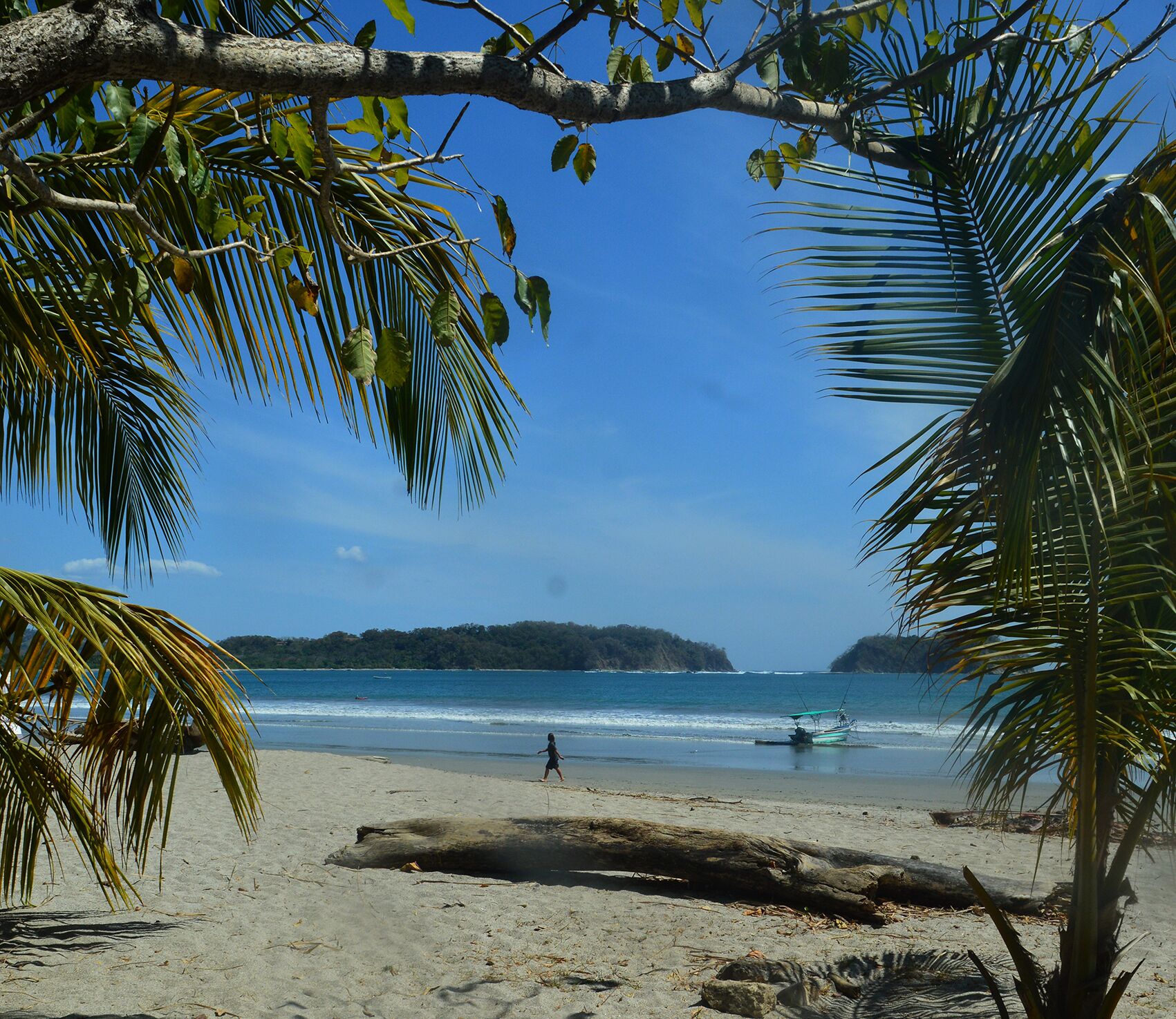 A beach with clear skies, a person walking, and a boat in the water.