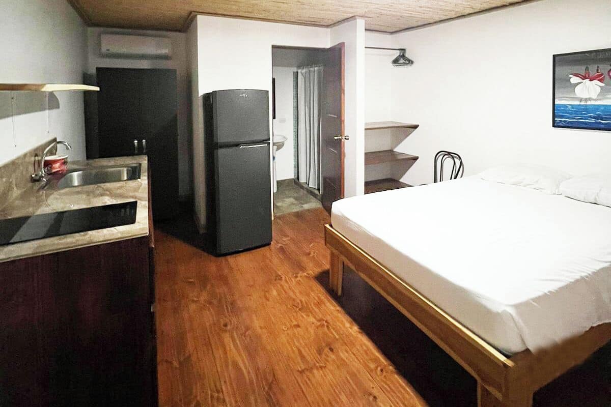 Una habitación pequeña con cama, una kitchenette compacta y una puerta que da a un baño.