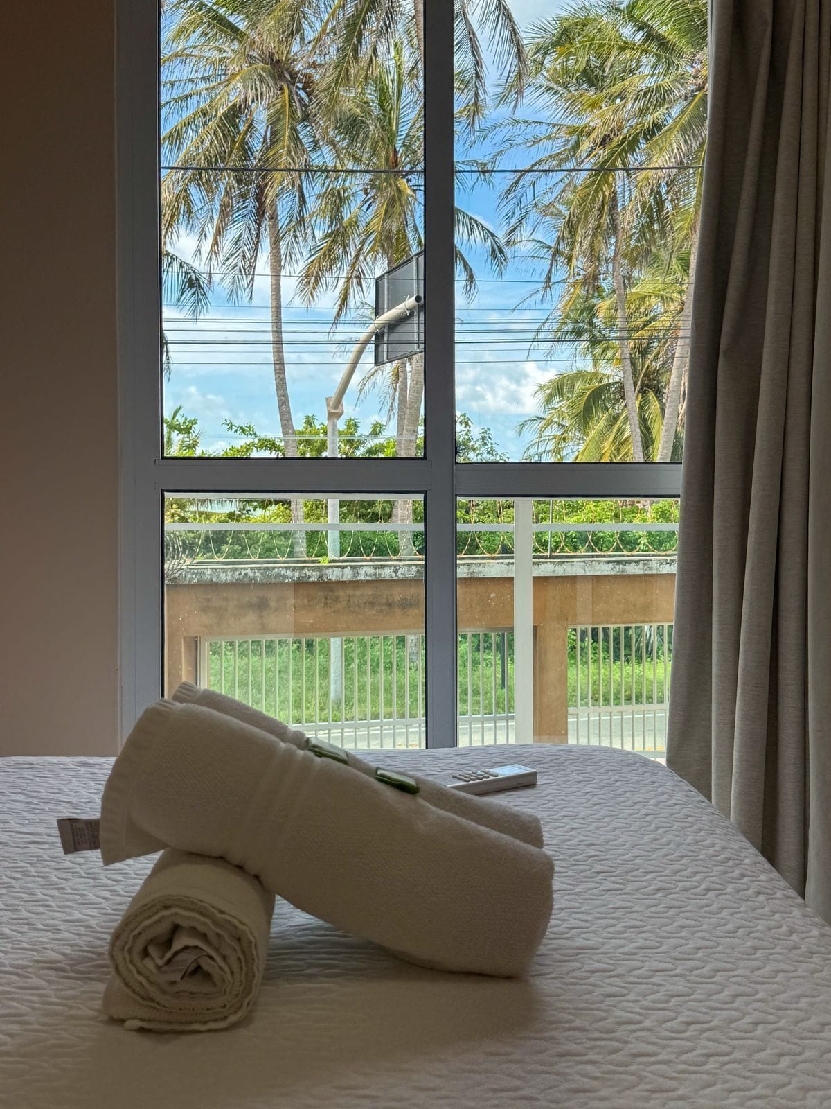 A hotel room with a bed, a window with a view of palm trees and a balcony.