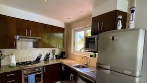 A modern kitchen with dark wooden cabinets, stainless steel appliances, and a window providing natural light. - Bosque de los Aluxes by BVR (Playa del Carmen)
