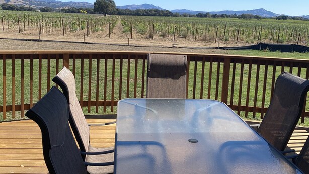 A deck with a table and chairs overlooking a vineyard. - NEW!  Charming Vineyard Cottage in the heart of the Russian river wine country! (Santa Rosa)