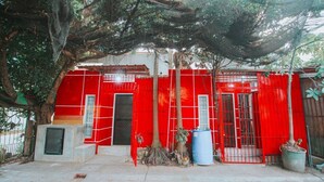 Ein rotes Gebäude mit einem Metallgitter, einer Betonbank und einem Baum davor.