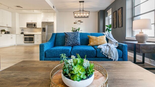 Un salon moderne avec un canapé bleu, une table basse en bois agrémentée d’une plante, et une cuisine en arrière-plan.