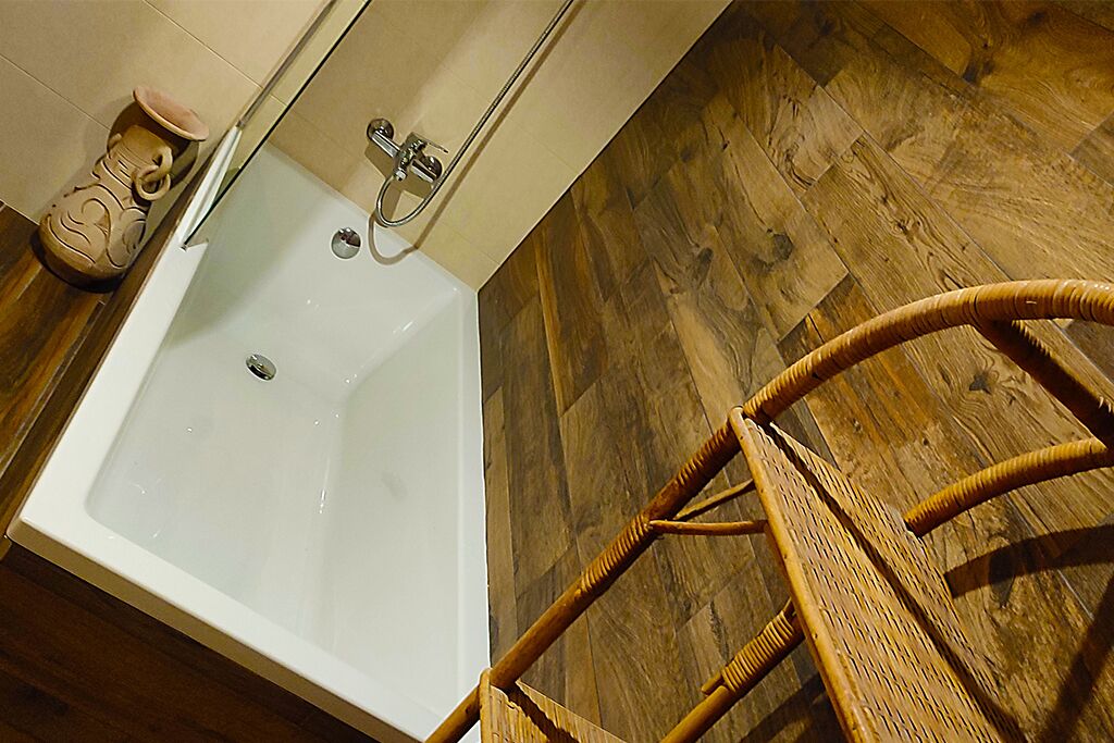Shower, hair dryer, soap, toilet paper