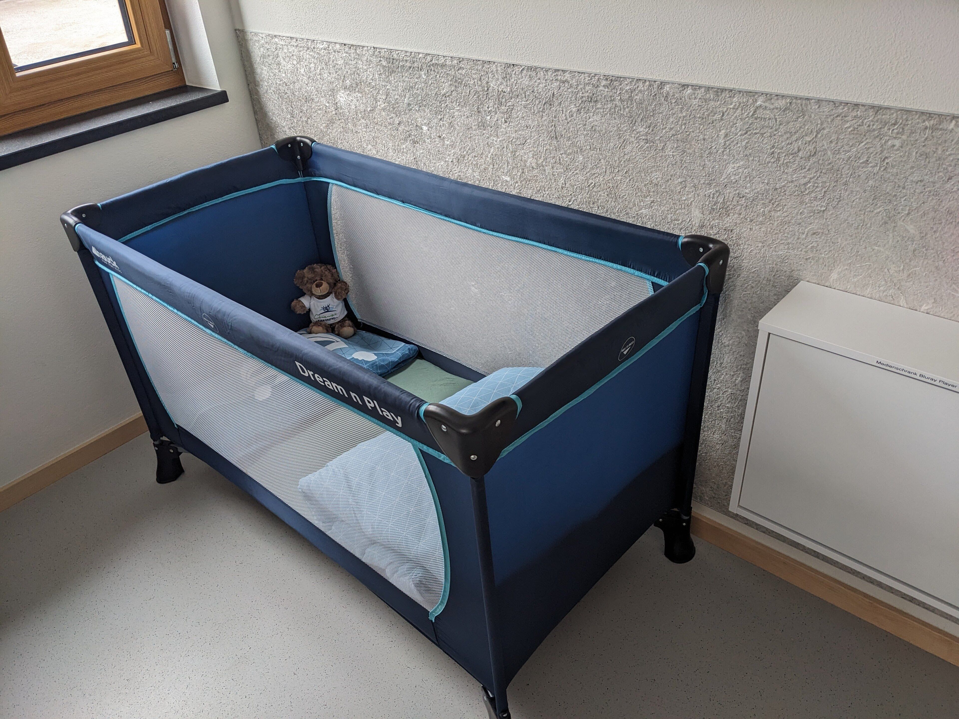 Een blauw en zwart spechassis met een teddybeer en een kussen.