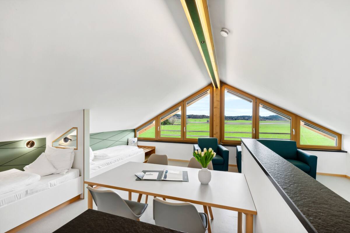 A modern room with a sloped ceiling, a bed, a dining table, and large windows offering a view of a green field.