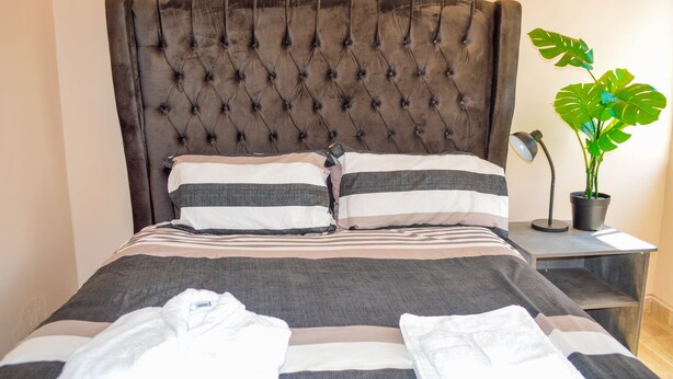 A neatly made bed with striped bedding, a tufted headboard, and a potted plant beside the bed. - Fantastic Location, 1-bed Apartment in Harare (Harare)