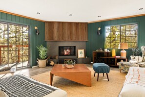 スマートテレビ、暖炉、卓球台、書庫