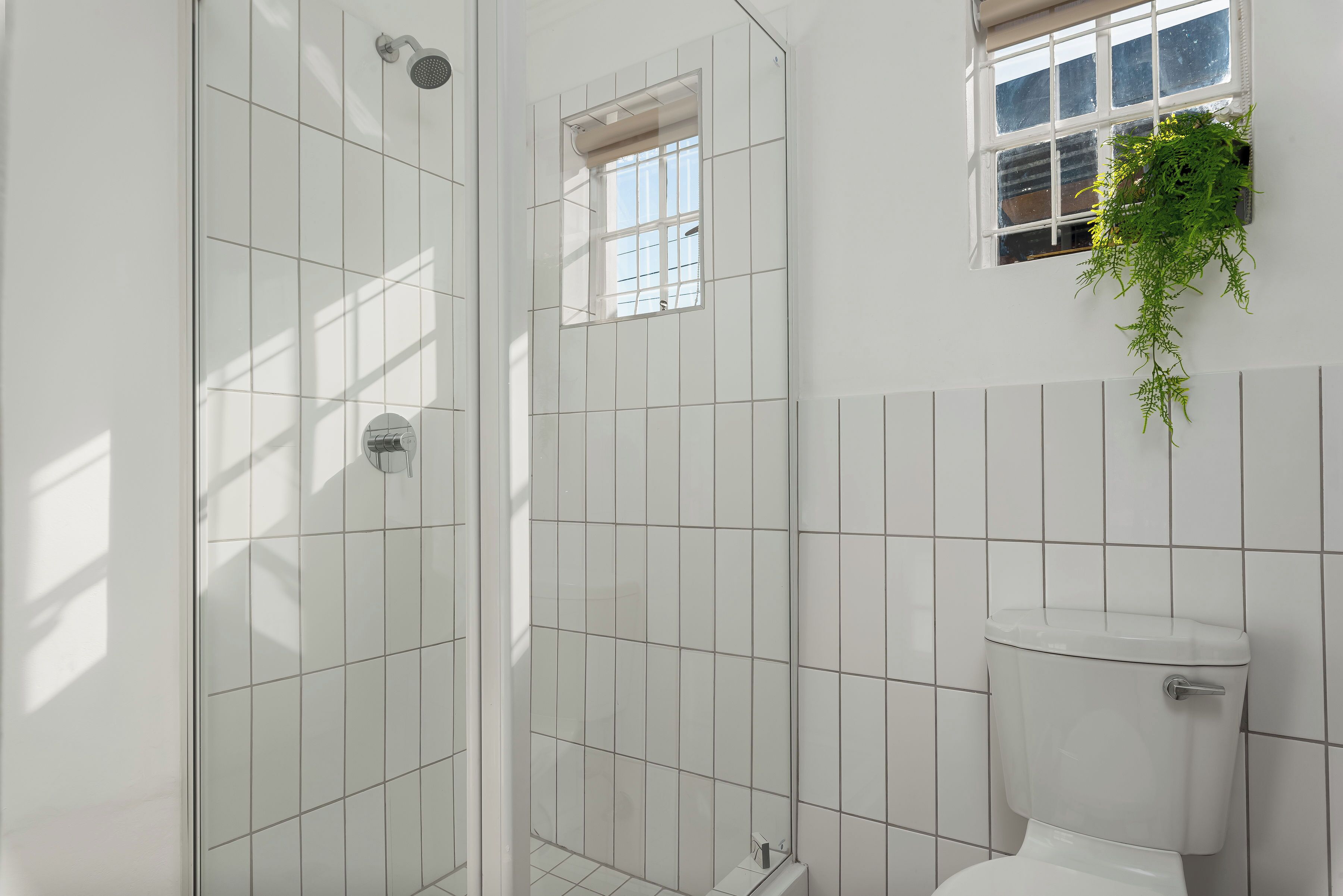 A bathroom with white tiled walls, a glass shower enclosure, a window with a plant, and a toilet.