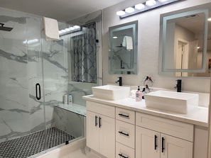 Shower, towels, soap, shampoo
