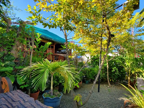 A lush garden with various potted plants, a wooden structure with a thatched roof, and a gravel path.