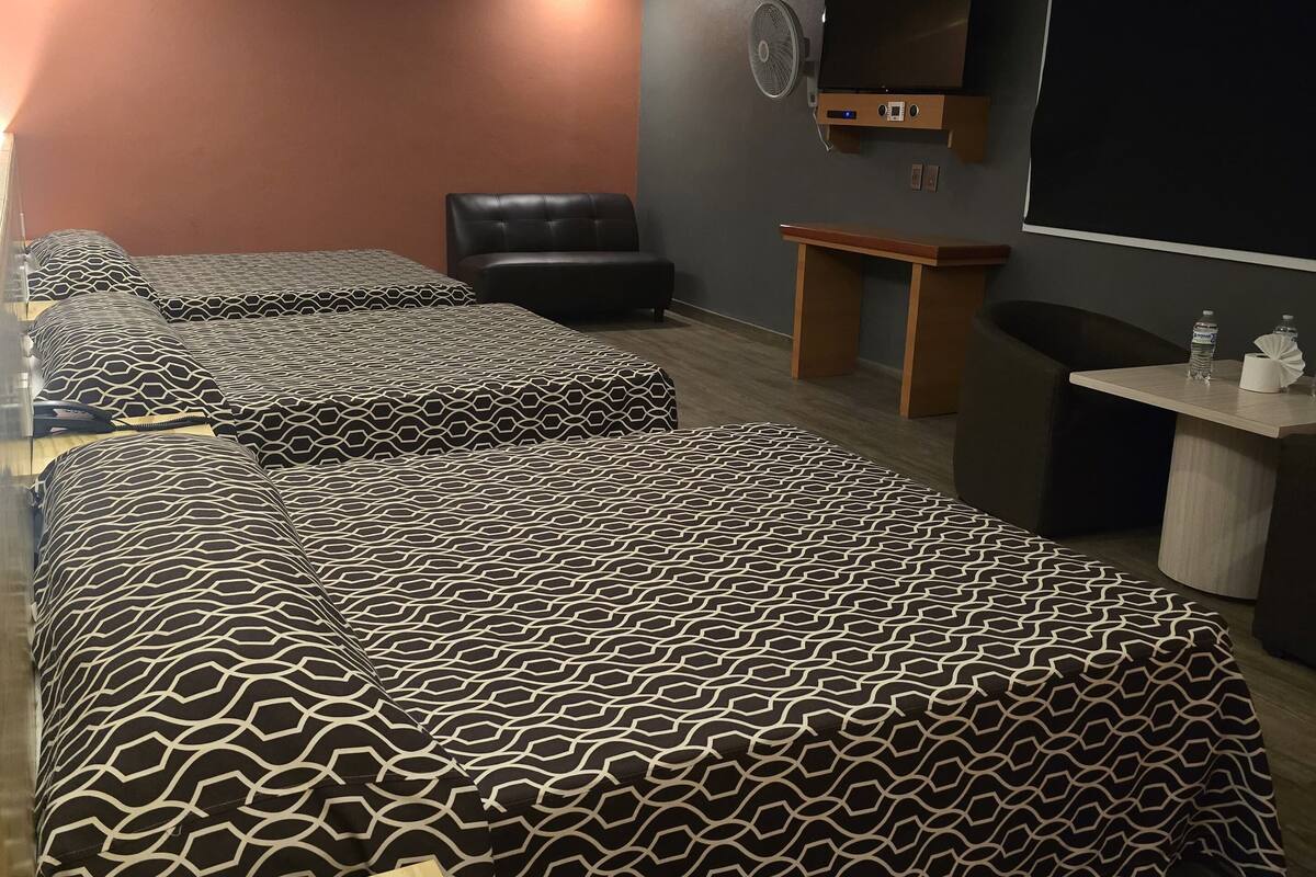 A hotel room with a large bed, a desk, a chair, a TV, and a fan.