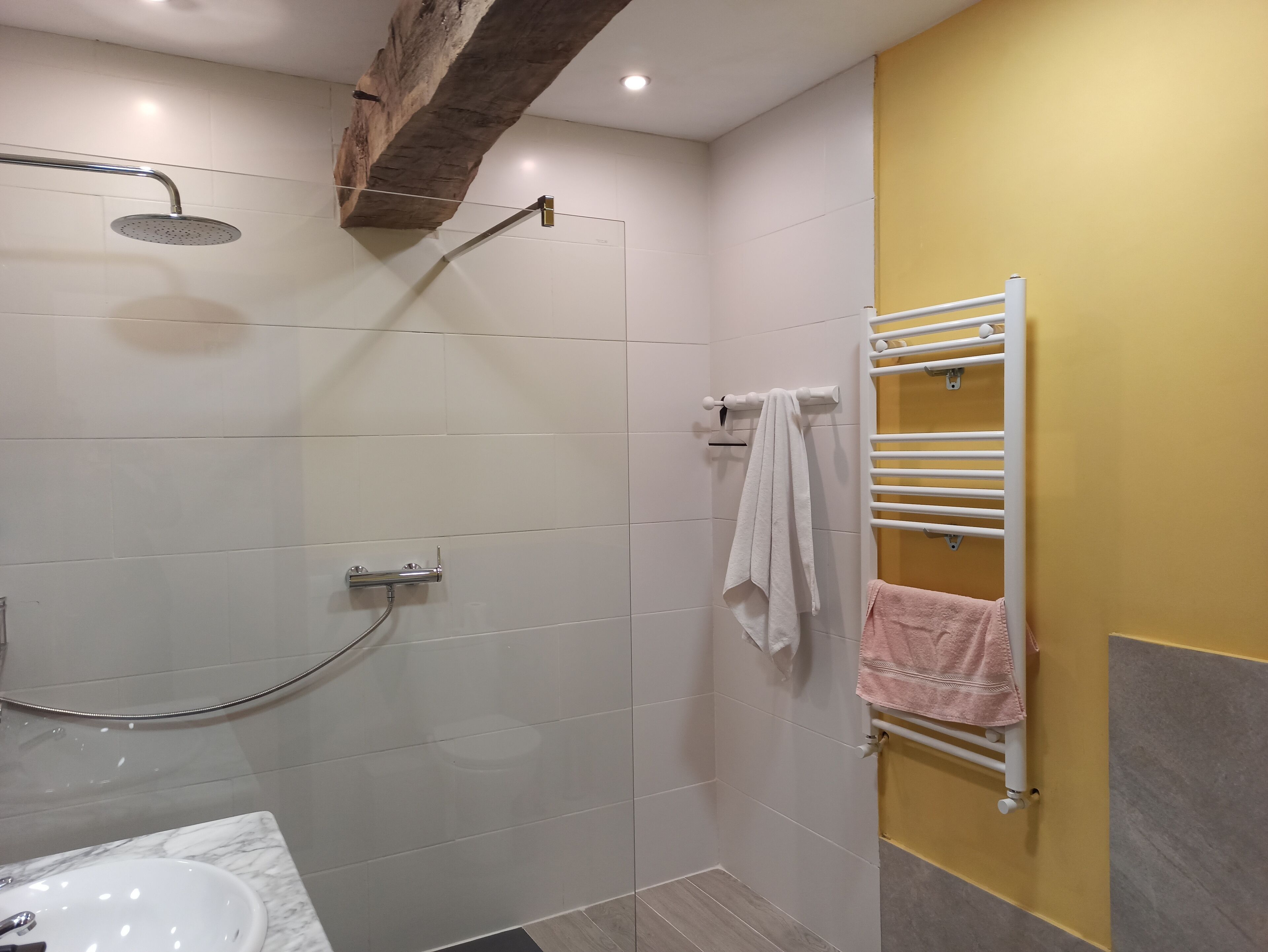 A modern bathroom with a glass-enclosed shower, a white sink, and a towel rack with two towels.