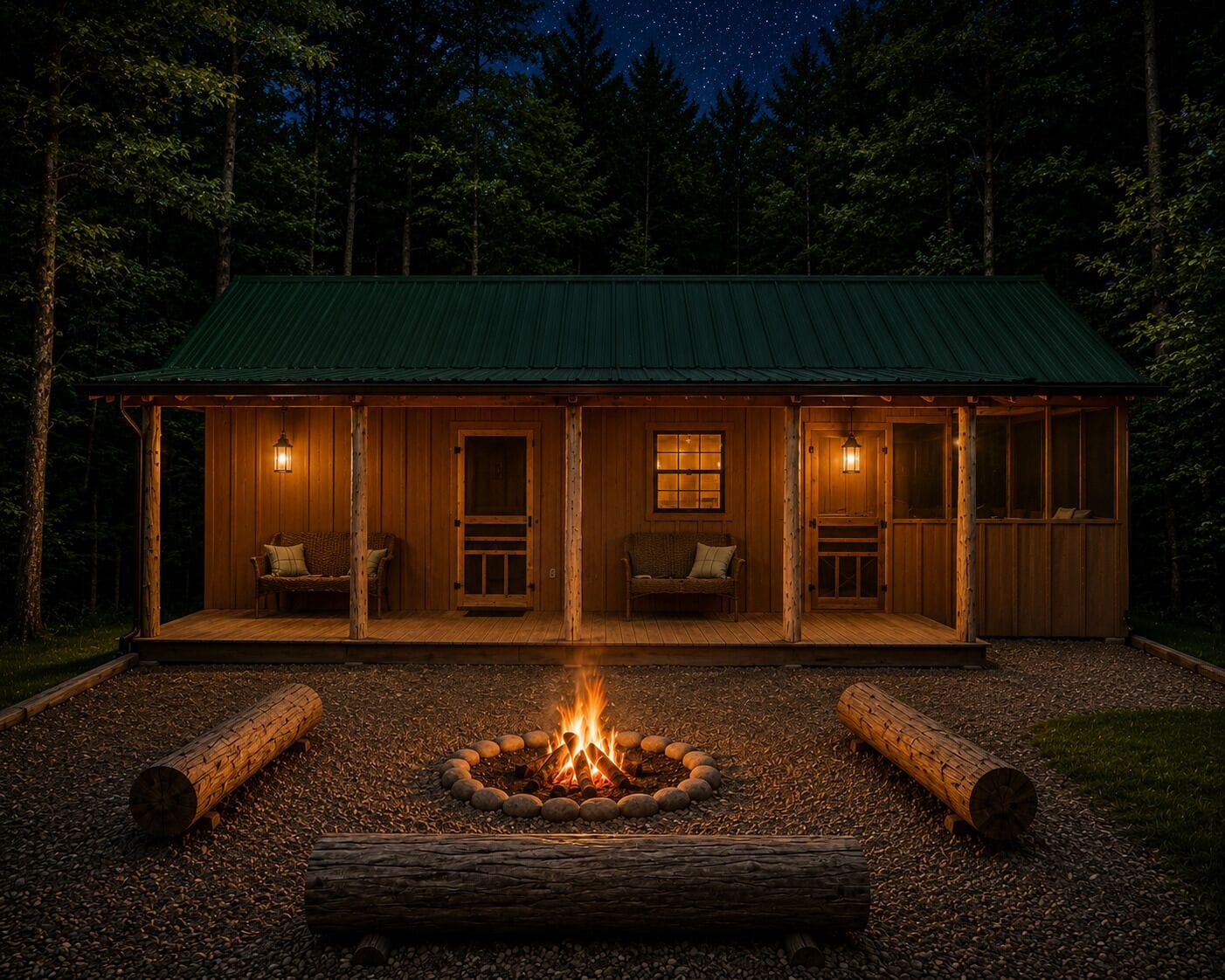 A cabin with a fire pit in front, wooden exterior, and a porch with seating.