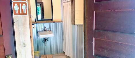 A bathroom with a sink, mirror, and shower curtain.