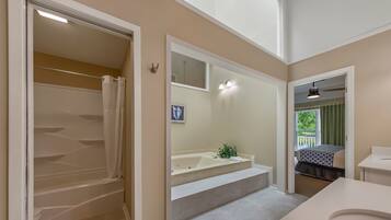 Shower, hair dryer, towels, shampoo