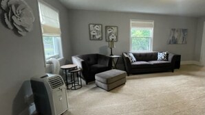 Un salon avec un tapis gris, un canapé noir, un pouf gris, un fauteuil noir et un radiateur blanc. Il y a deux fenêtres avec des stores blancs, un luminaire au plafond et un climatiseur fixé au mur.
