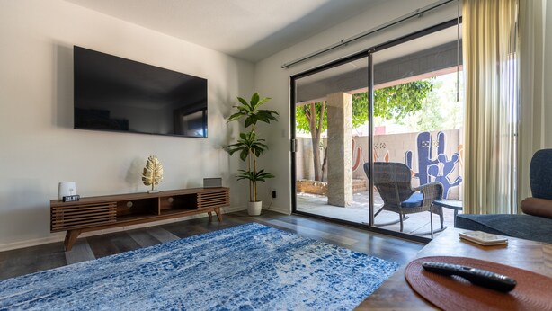 Una sala de estar moderna con un televisor de pantalla plana, un tapete azul estampado, una consola de madera y un puerta corrediza de vidrio que da a un área exterior con una silla y una planta.