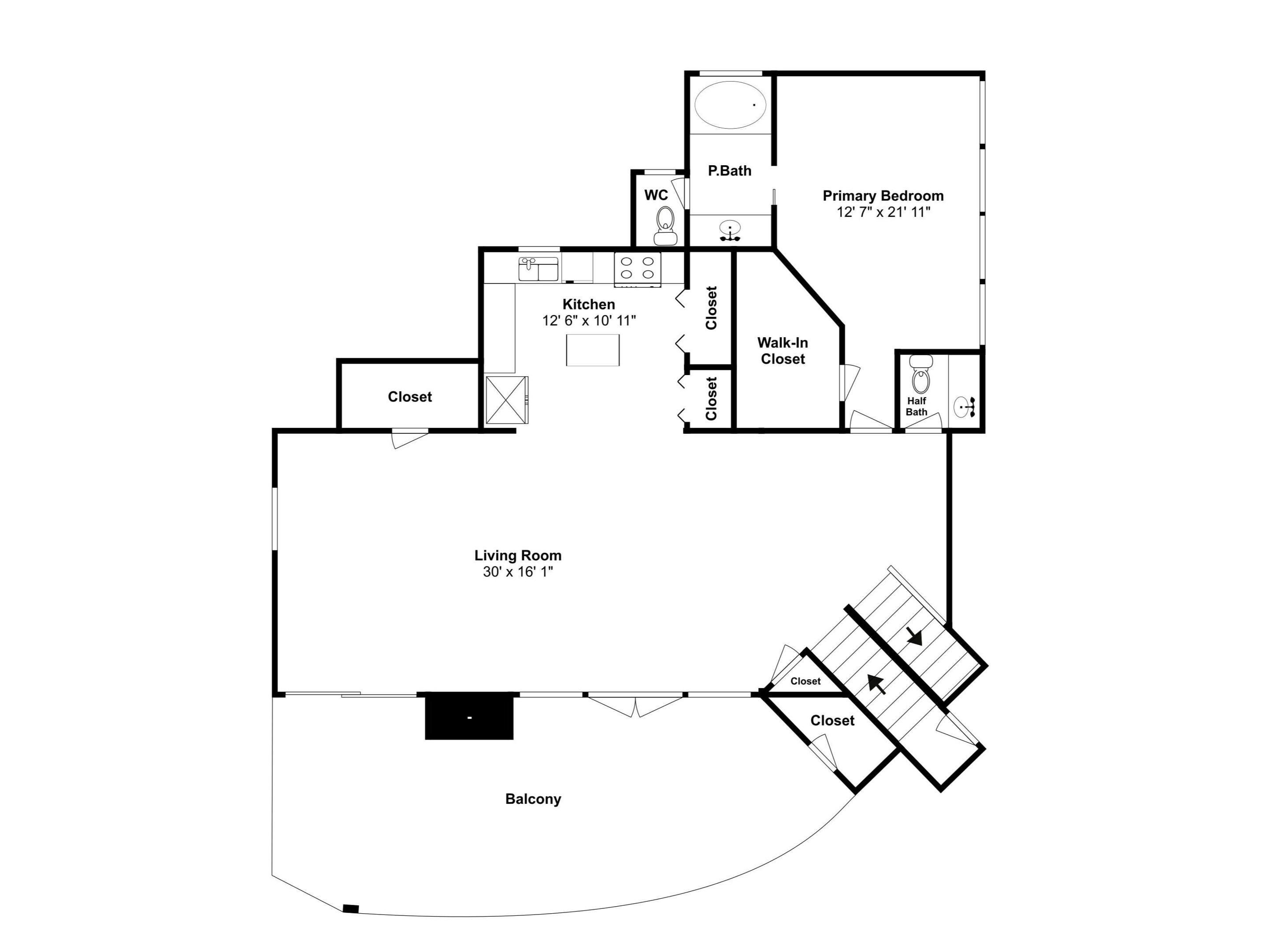 Ein Grundriss mit Wohnzimmer, Küche, begehbarem Kleiderschrank, Hauptschlafzimmer, Gäste-WC und Balkon.