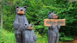 Tres estatuas de osos sosteniendo un cartel que dice "NORRIS VILLAGE".