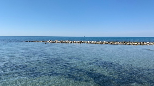Ein freier Blick auf eine felsige Küste mit ruhigem Wasser.