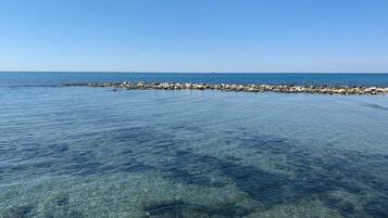 On peut clairement voir un rivage rocheux bordé d’une eau calme.