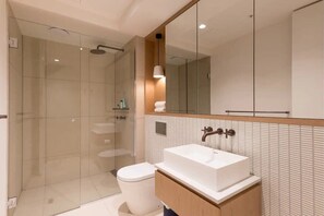 Shower, hair dryer, shampoo