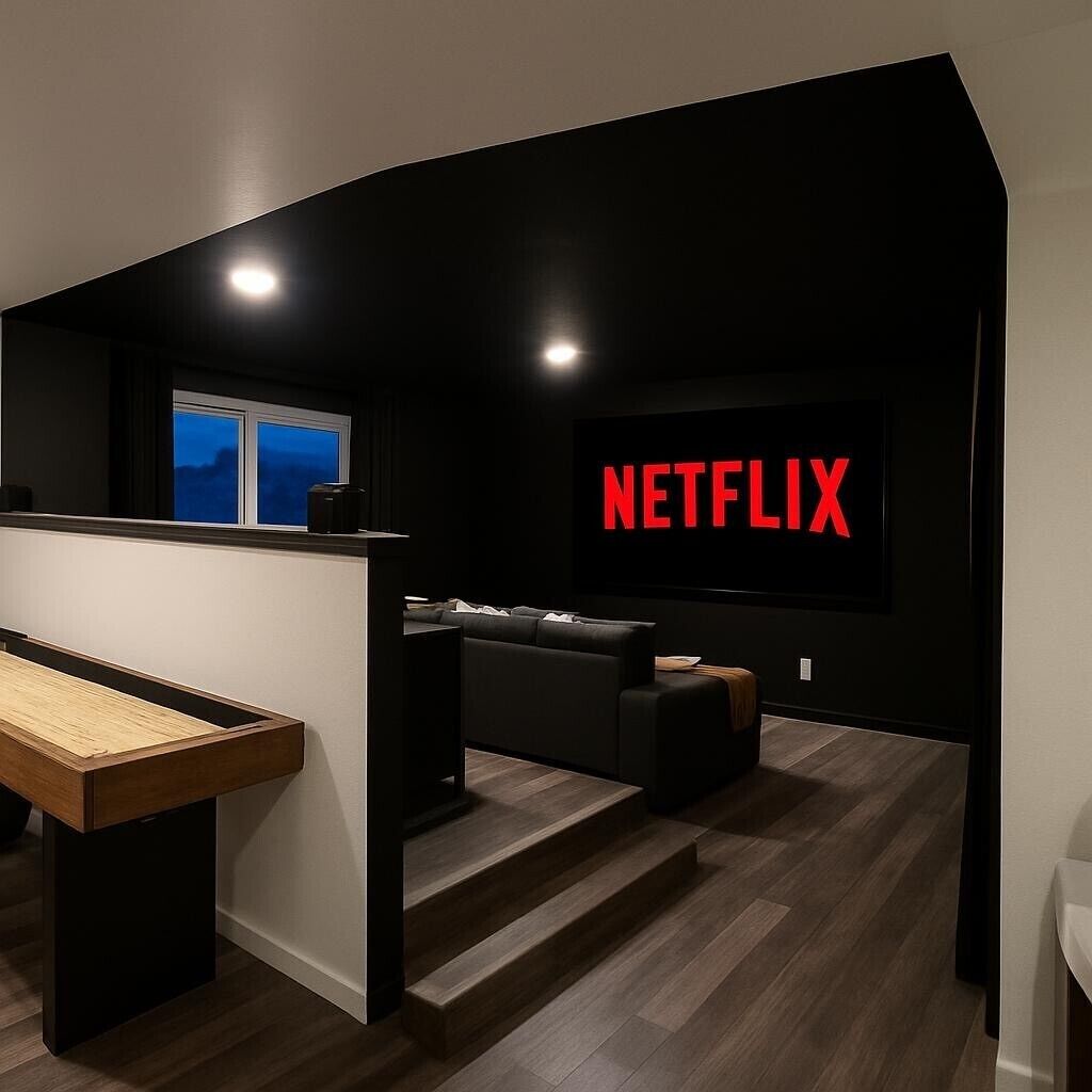 A modern living room with a large TV displaying the Netflix logo, a wooden bench, a sofa, and a staircase leading to another level.