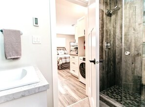 Hair dryer, towels, soap, shampoo