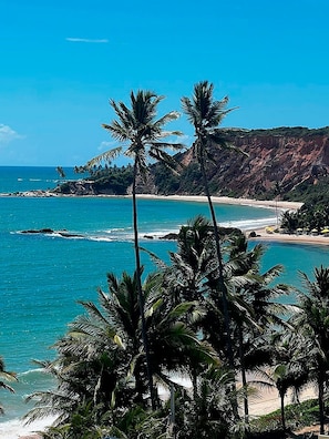 Eine Küstenlandschaft mit Palmen, einem Strand und einer felsigen Klippe.