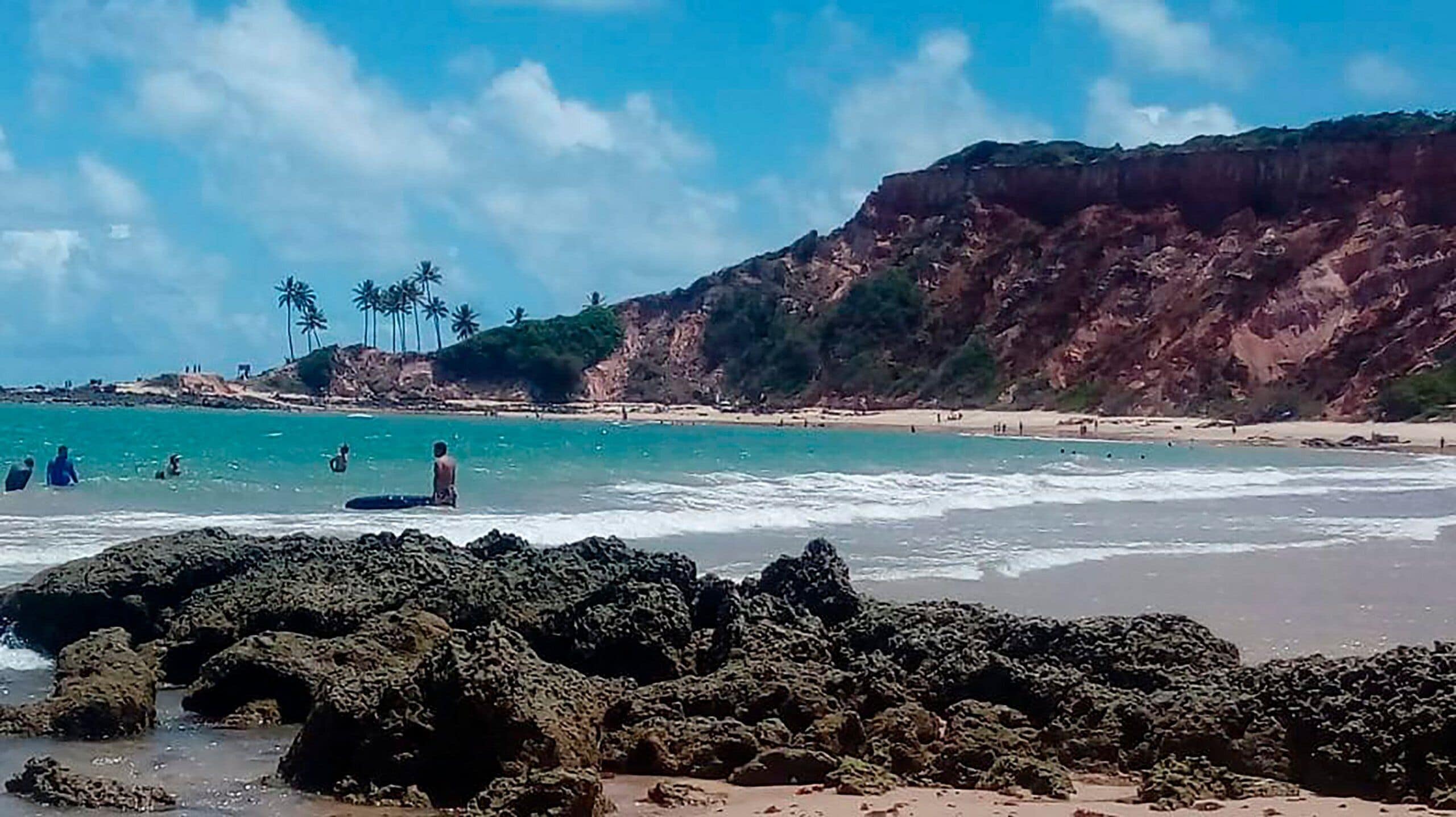 Una playa con primer plano rocoso, agua turquesa cristalina y una orilla de arena con palmeras al fondo.