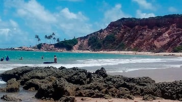 Una playa con primer plano rocoso, agua turquesa cristalina y una orilla de arena con palmeras al fondo.