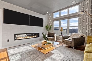 TV connectée, cheminée, livres, vidéothÚque