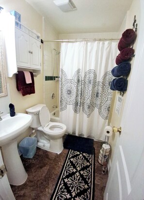 A bathroom with a toilet, sink, shower curtain, and a rug.