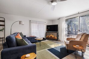 TV connectée, cheminée, livres