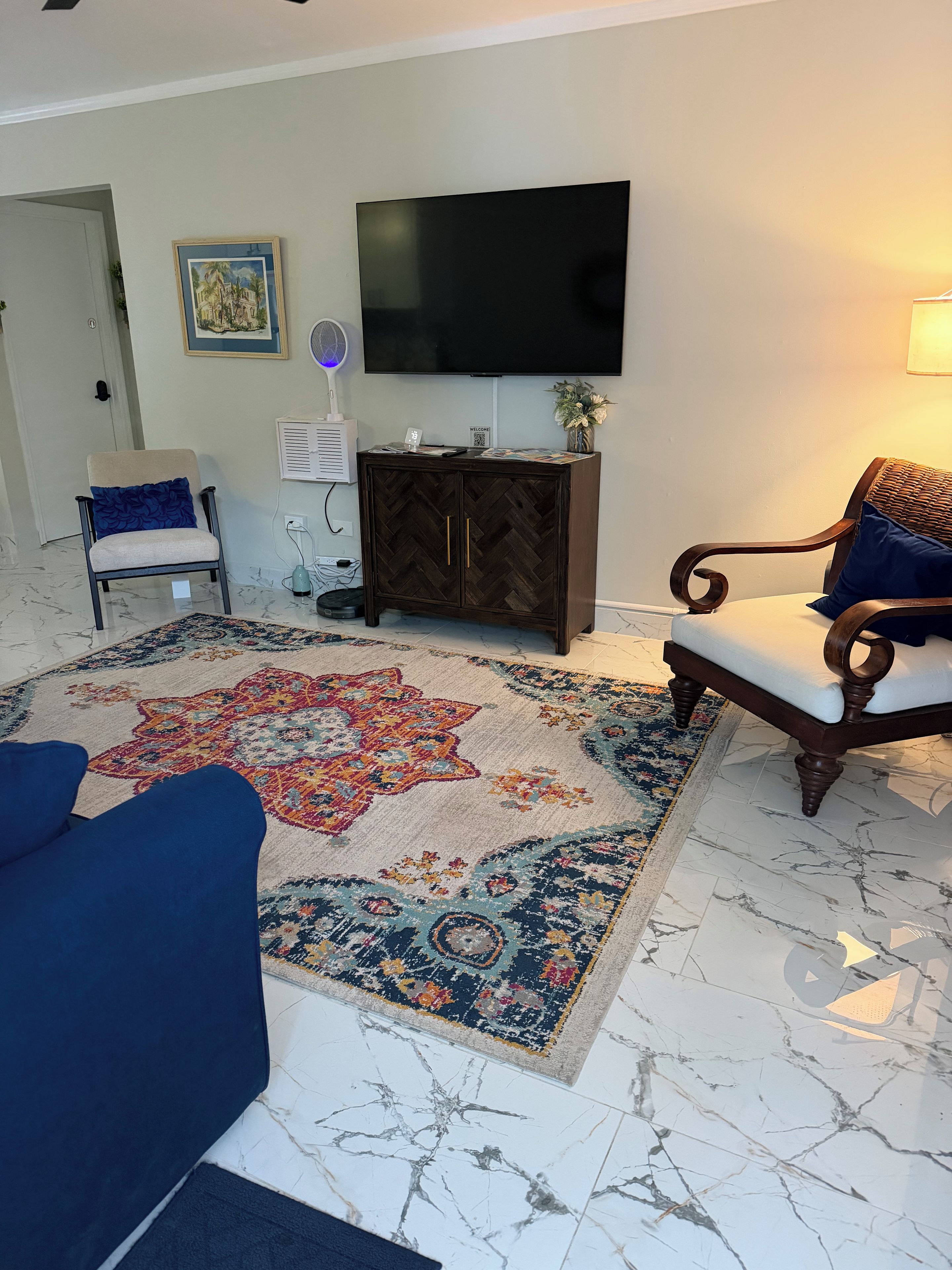 A living room with a large flat-screen TV, a patterned rug, a wooden cabinet, and two chairs.