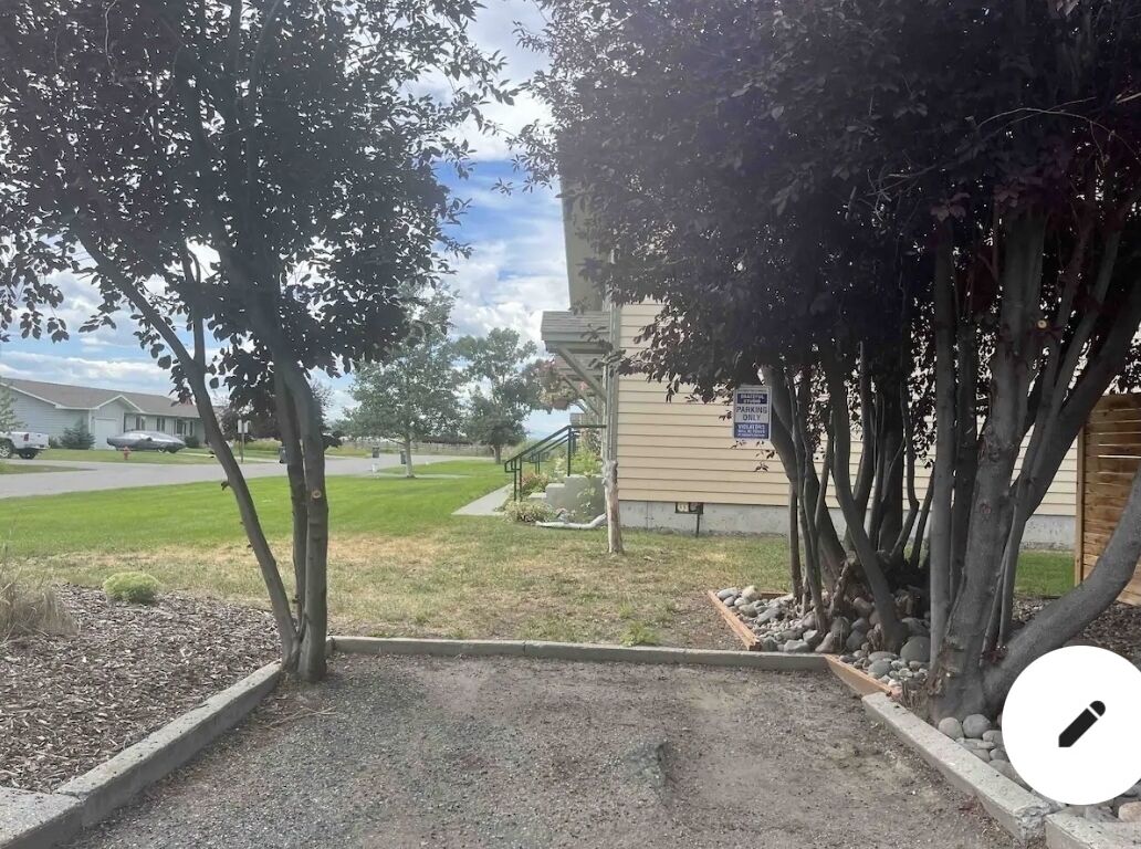 A residential area with a driveway leading to a house, surrounded by trees and a grassy lawn.