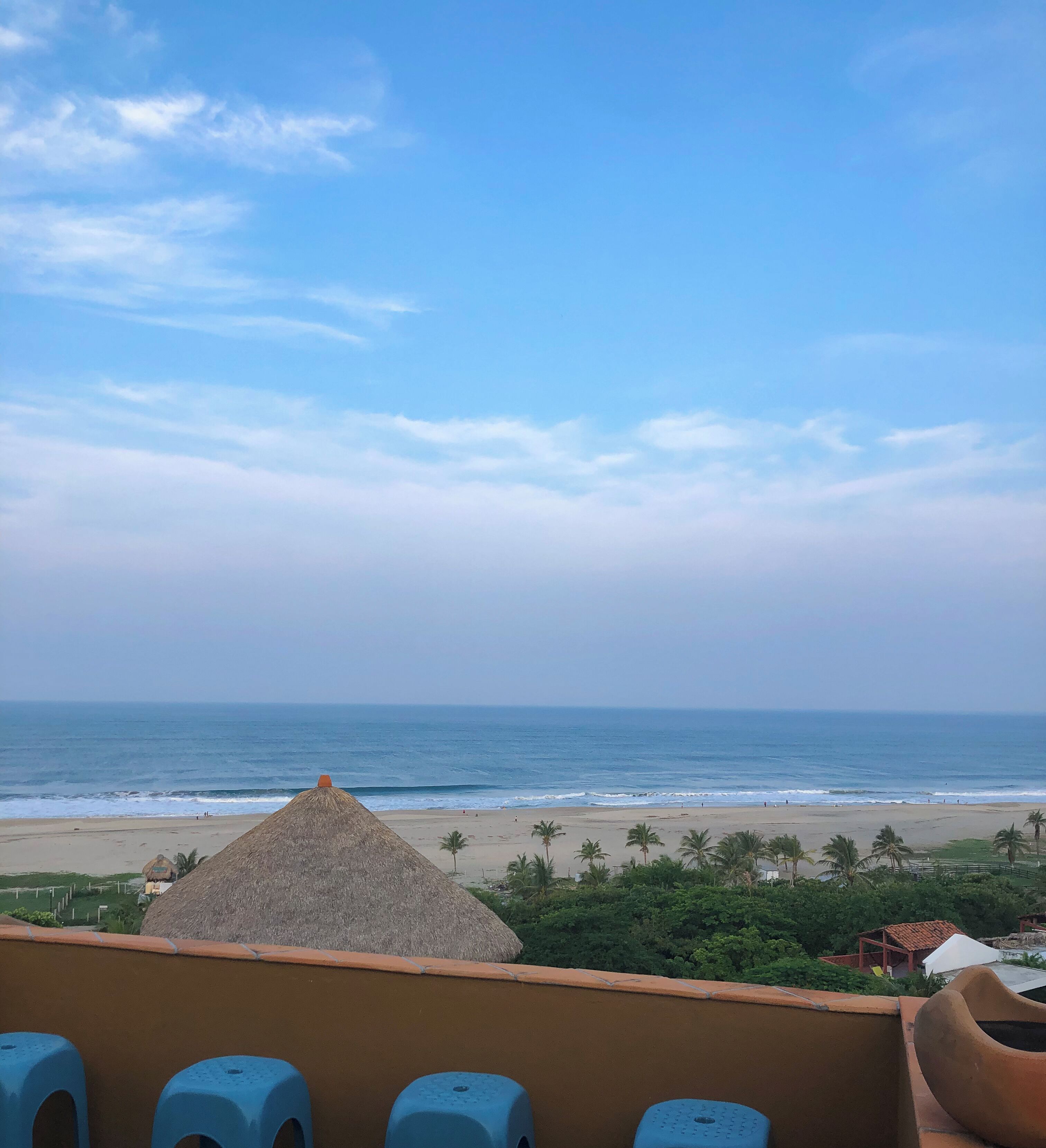 A beach view with a thatched roof structure and palm trees.