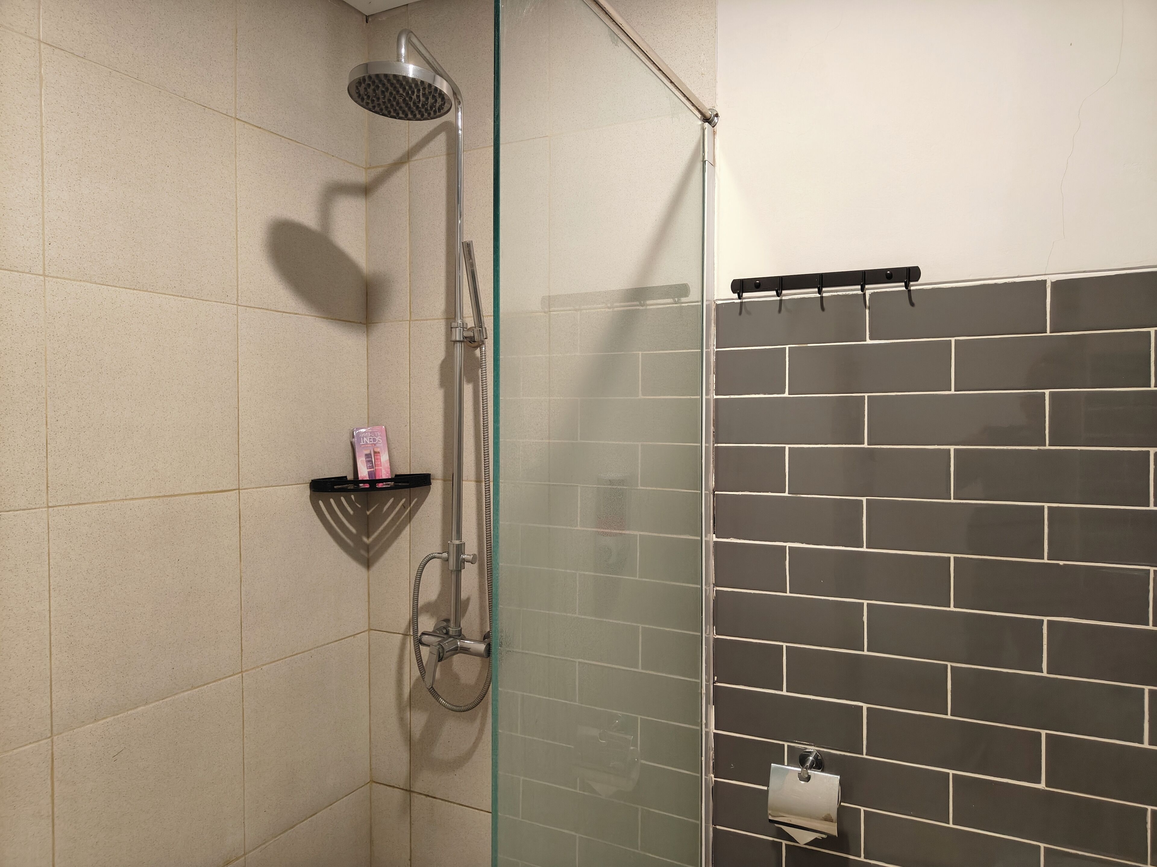 A shower area with a glass door, a handheld showerhead, and a soap dish on the wall.