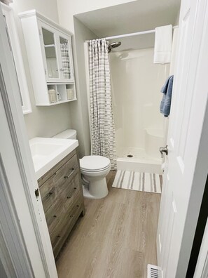 Douche, sèche-cheveux, serviettes fournies, savon