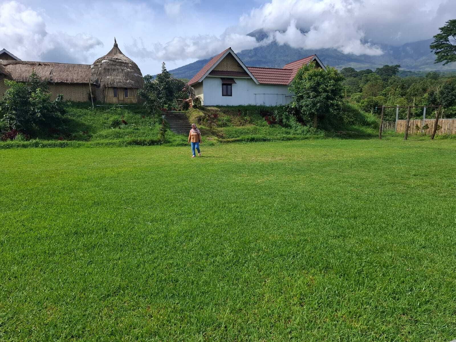 A grassy field with a house and a thatched-roof structure in the background.