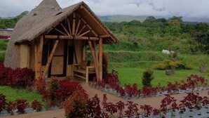 A rustic wooden structure with a thatched roof, surrounded by a garden with red-leafed plants and a pathway. - Bale Gantar (Sembalun Lawang)