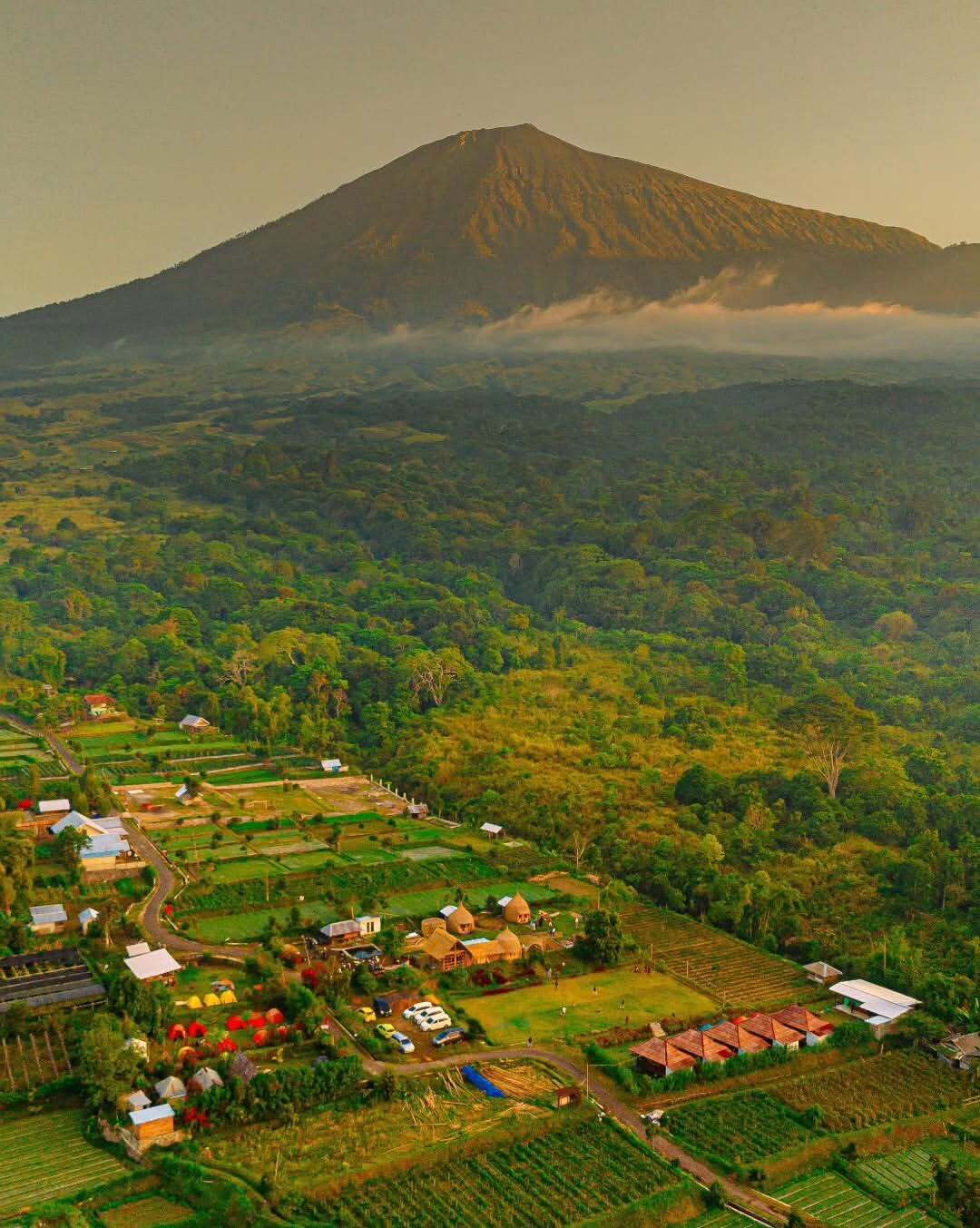 A village with houses and fields, a mountain in the background, and a clear sky.