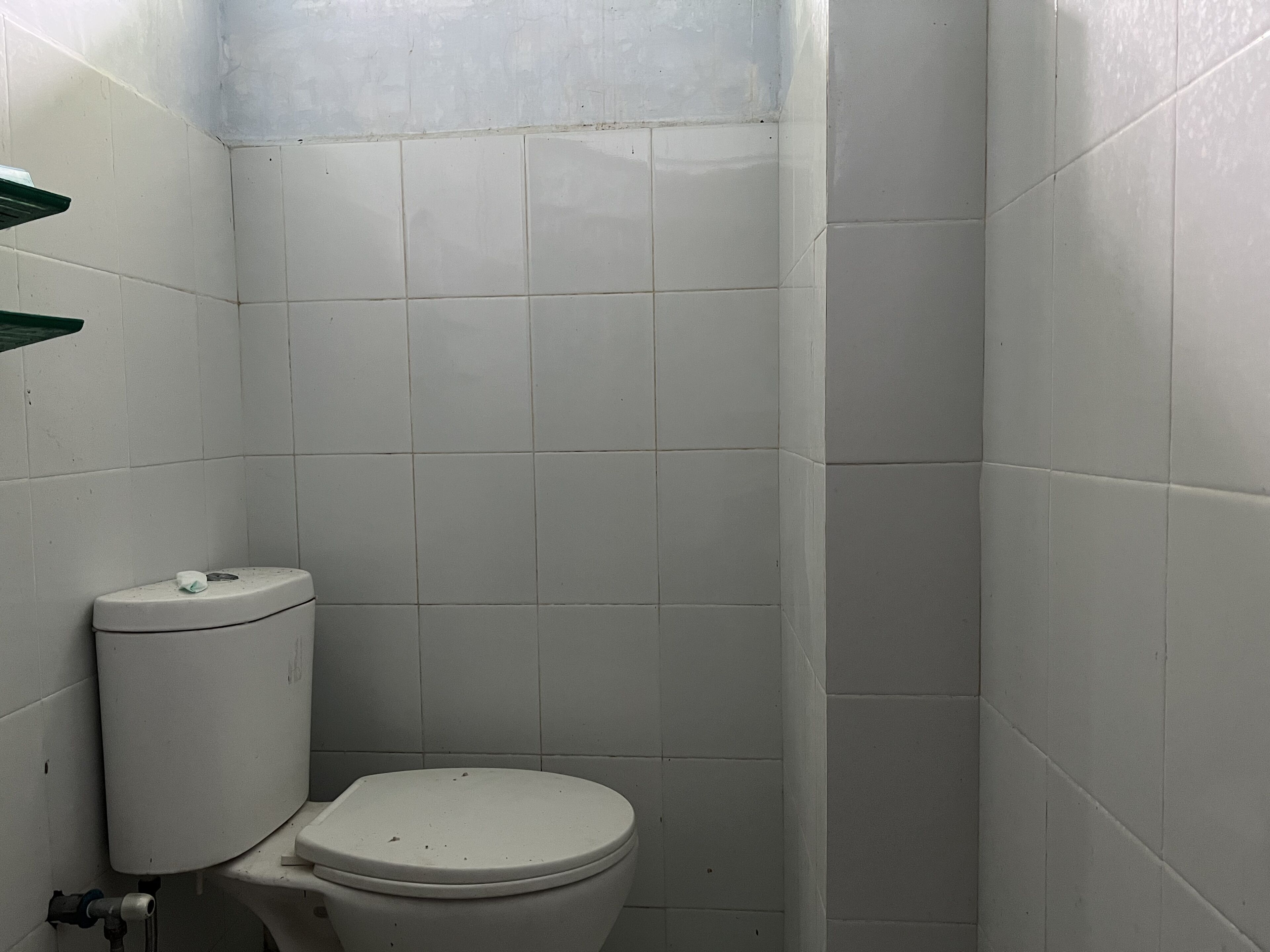 Une petite salle de bain propre, avec des carreaux blancs, des toilettes et une étagère verte.