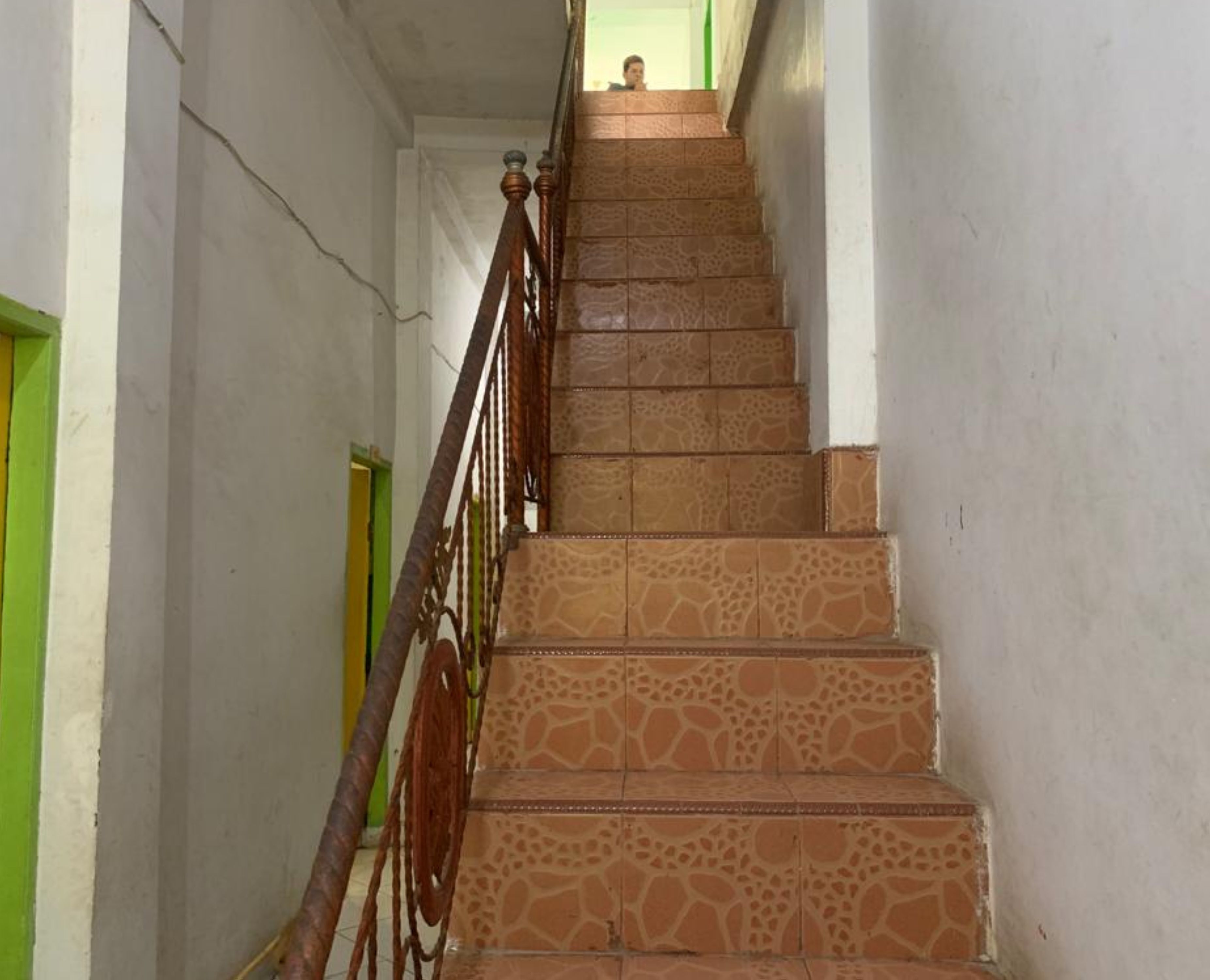 Eine Treppe mit gemusterten Fliesen und einem Metallgeländer.