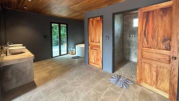 Shower, eco-friendly toiletries, hair dryer, bidet